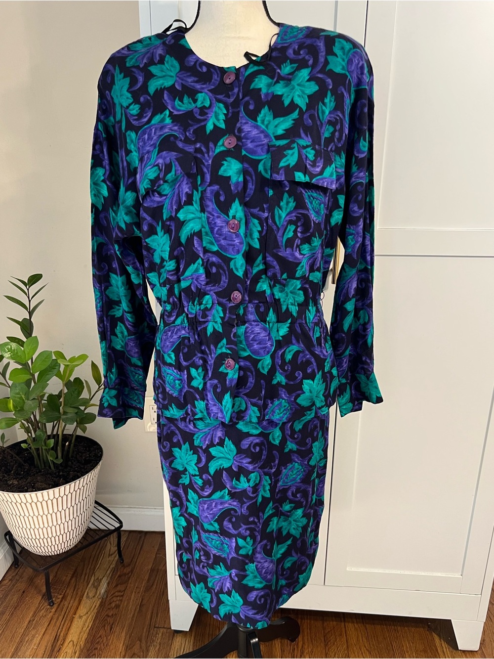 Vintage Leslie Fay Teal & Purple Floral Button-Front Long Sleeve Dress